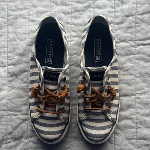Sperry Navy and White Striped Canvas Sneakers with Tan Laces